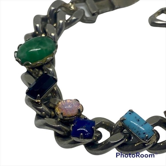 Vintage Heavy Chain Bracelet With Multi Color Gemstones - Picture 2 of 3